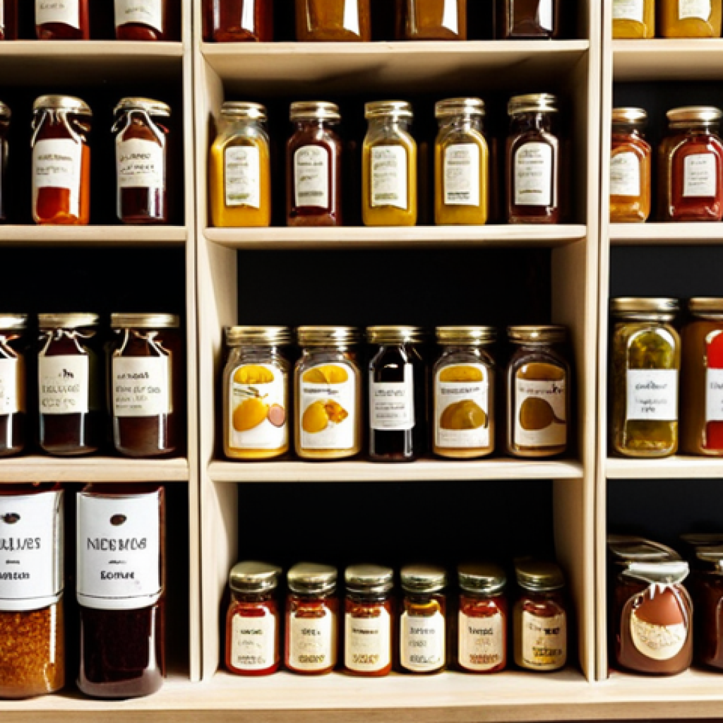 **
A sun-drenched Italian *bottega*. Shelves overflow with glass jars of vibrant condiments: *mostarda*, fruit preserves, truffle sauce, and infused oils. The air is thick with aromas. Capture the feeling of a timeless, artisanal food shop.
**