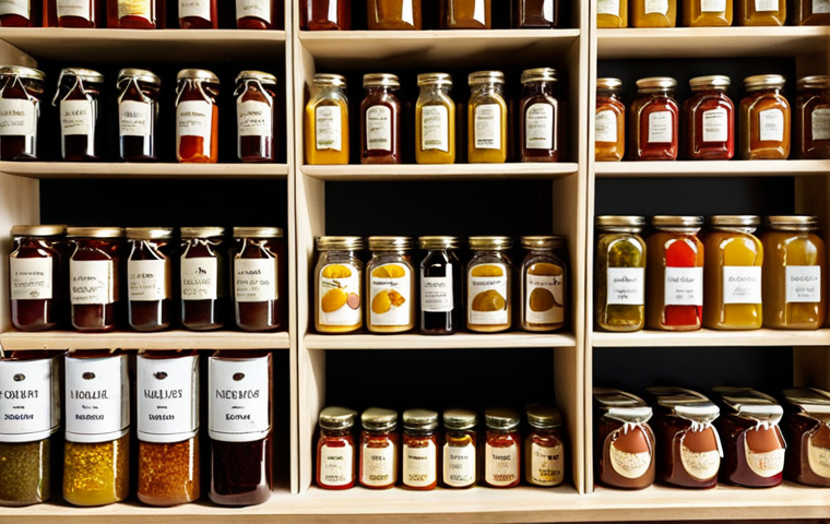 **
A sun-drenched Italian *bottega*. Shelves overflow with glass jars of vibrant condiments: *mostarda*, fruit preserves, truffle sauce, and infused oils. The air is thick with aromas. Capture the feeling of a timeless, artisanal food shop.
**