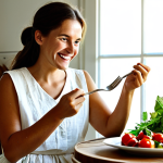 A young adult woman, fully clothed in a modest, professional light linen dress, is seated at a rustic wooden table by a sunlit window in a clean, modern kitchen. She is smiling genuinely, holding a fork with a bite of a vibrant Mediterranean-style salad, indicating enjoyment and satisfaction. The salad bowl on the table contains fresh, crisp greens, colorful cherry tomatoes, sliced cucumbers, and crumbled white cheese, lightly dressed with a creamy, pale dressing. Terracotta pots with herbs are visible on the sunlit windowsill in the background. Perfect anatomy, correct proportions, natural pose, well-formed hands, proper finger count, natural body proportions, professional photography, soft natural light, high resolution, vibrant colors, safe for work, appropriate content, fully clothed, family-friendly.