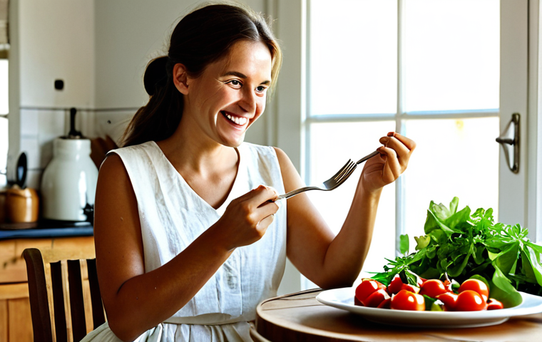 A young adult woman, fully clothed in a modest, professional light linen dress, is seated at a rustic wooden table by a sunlit window in a clean, modern kitchen. She is smiling genuinely, holding a fork with a bite of a vibrant Mediterranean-style salad, indicating enjoyment and satisfaction. The salad bowl on the table contains fresh, crisp greens, colorful cherry tomatoes, sliced cucumbers, and crumbled white cheese, lightly dressed with a creamy, pale dressing. Terracotta pots with herbs are visible on the sunlit windowsill in the background. Perfect anatomy, correct proportions, natural pose, well-formed hands, proper finger count, natural body proportions, professional photography, soft natural light, high resolution, vibrant colors, safe for work, appropriate content, fully clothed, family-friendly.