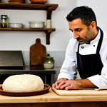 A professional Italian chef, mid-adult, with a thoughtful and focused expression. The chef is fully clothed in a clean, modest chef's jacket and apron, demonstrating professional dress. The setting is a warmly lit, rustic Italian kitchen that blends traditional elements with subtle modern touches. On a wooden counter, several glass jars display active fermentation: vibrant green brined olives, colorful fermented giardiniera, and a robust sourdough starter, alongside a traditional wooden bread board. In the background, a large, authentic wheel of Parmigiano Reggiano cheese is visible. Perfect anatomy, correct proportions, natural pose, well-formed hands, proper finger count, natural body proportions. Professional photography, high detail, rich textures, soft diffused lighting. Safe for work, appropriate content, fully clothed, modest, family-friendly.