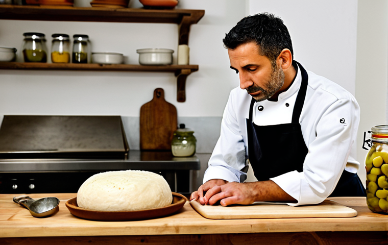 A professional Italian chef, mid-adult, with a thoughtful and focused expression. The chef is fully clothed in a clean, modest chef's jacket and apron, demonstrating professional dress. The setting is a warmly lit, rustic Italian kitchen that blends traditional elements with subtle modern touches. On a wooden counter, several glass jars display active fermentation: vibrant green brined olives, colorful fermented giardiniera, and a robust sourdough starter, alongside a traditional wooden bread board. In the background, a large, authentic wheel of Parmigiano Reggiano cheese is visible. Perfect anatomy, correct proportions, natural pose, well-formed hands, proper finger count, natural body proportions. Professional photography, high detail, rich textures, soft diffused lighting. Safe for work, appropriate content, fully clothed, modest, family-friendly.
