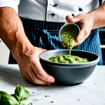 Home 12 **
"A professional chef in a clean, modern kitchen, demonstrating how to make pesto alla Genovese with fresh basil and a marble mortar, fully clothed, appropriate attire, safe for work, perfect anatomy, natural proportions, food photography, high quality, professional, family-friendly."
**