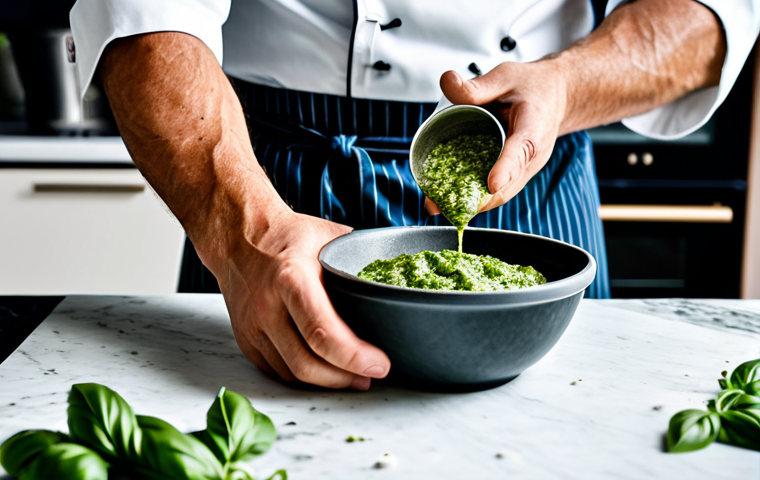 **
"A professional chef in a clean, modern kitchen, demonstrating how to make pesto alla Genovese with fresh basil and a marble mortar, fully clothed, appropriate attire, safe for work, perfect anatomy, natural proportions, food photography, high quality, professional, family-friendly."
**