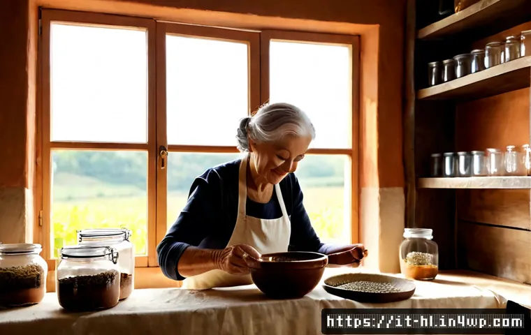 전통 장류 자가 제조와 창의성 - Photorealistic rustic Italian home kitchen, an older Italian woman wearing a linen apron carefully s...